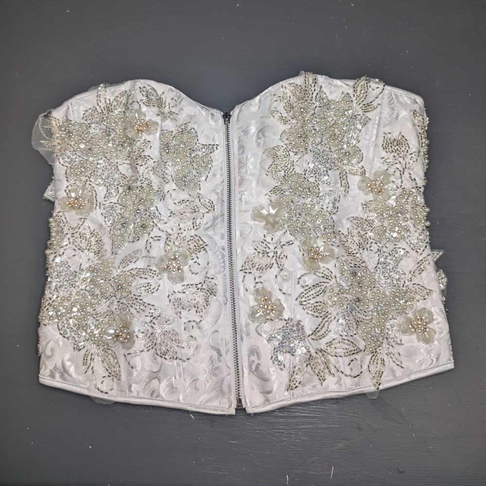 Women’s XXL White Beaded Corset Bustier Top Lace Up Pearl Sequin Bridal